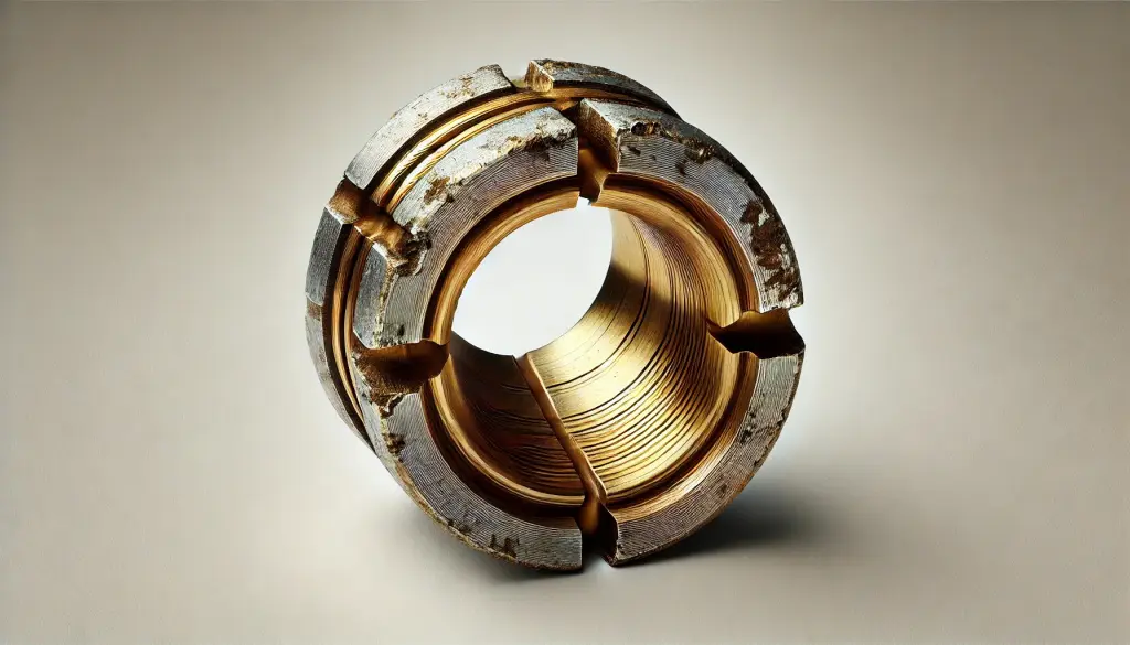 2025-09-18 12.08.46 - Extreme macro wide-angle photo of a worn carburetor throttle shaft bushing made of brass. Visible wear marks, scoring, and enlarged gap. Bushing shown.jpg